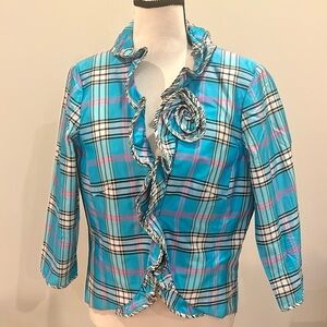 Marisa Baratelli Plaid Ruffle Silk Jacket Size 10 Blue White Pink